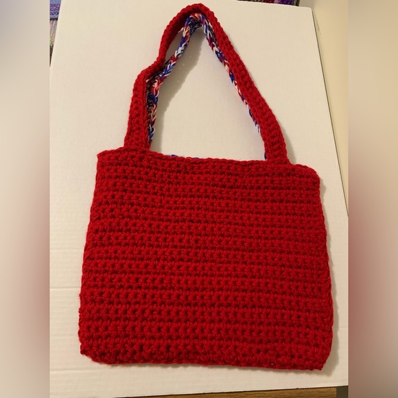 Shoulder Bag Red,White,Blue Mix, Shoulder Bag, handmade, crocheted - Picture 4 of 16